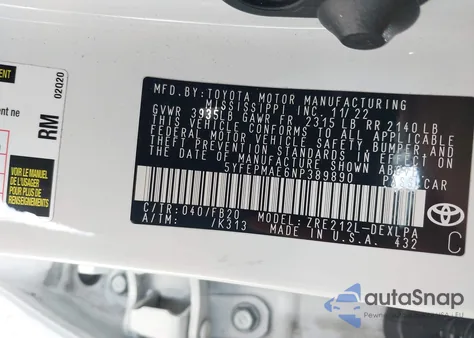 2022 Toyota Corolla Le from USA, damaged, VIN 5YFEPMAE6NP389890